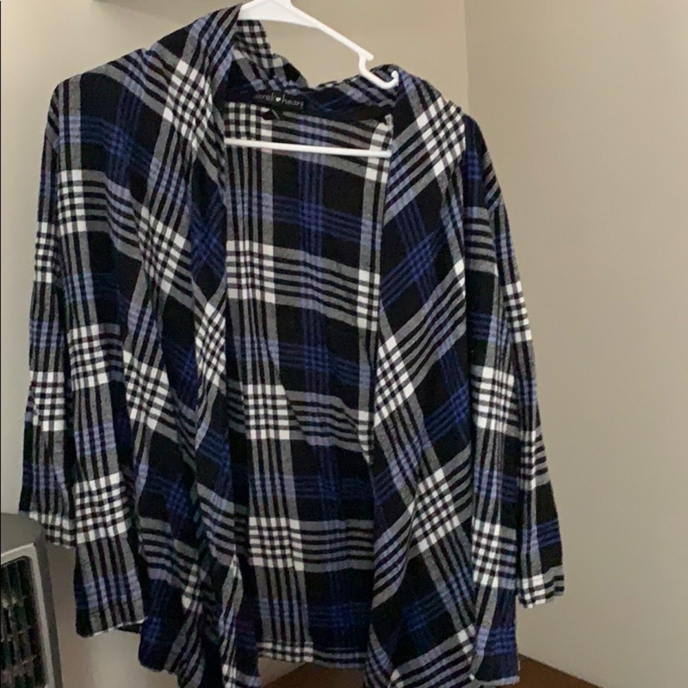 Blue and black plaid cardi type.